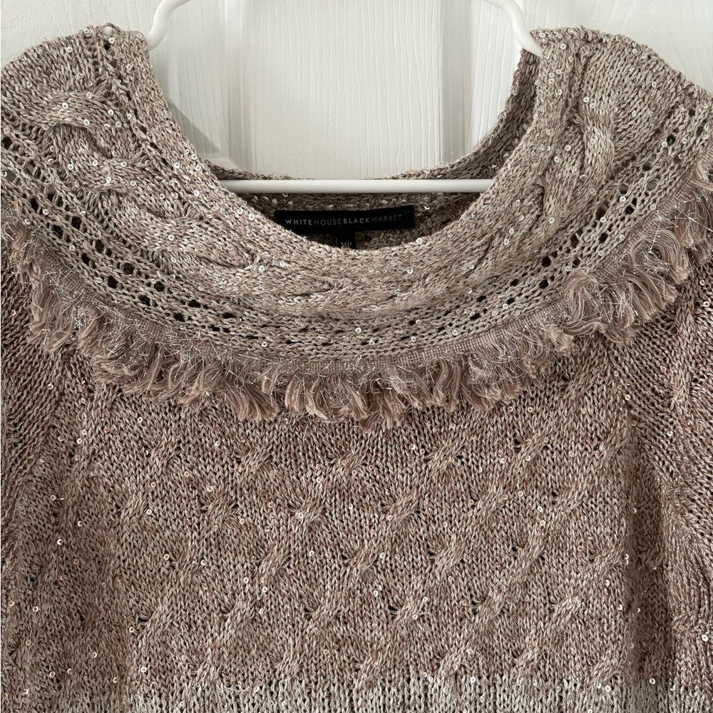 WHBM Sequin Knit Sweater Coastal Grandma Boho Cowl Neck Taupe MP - Picture 4 of 8